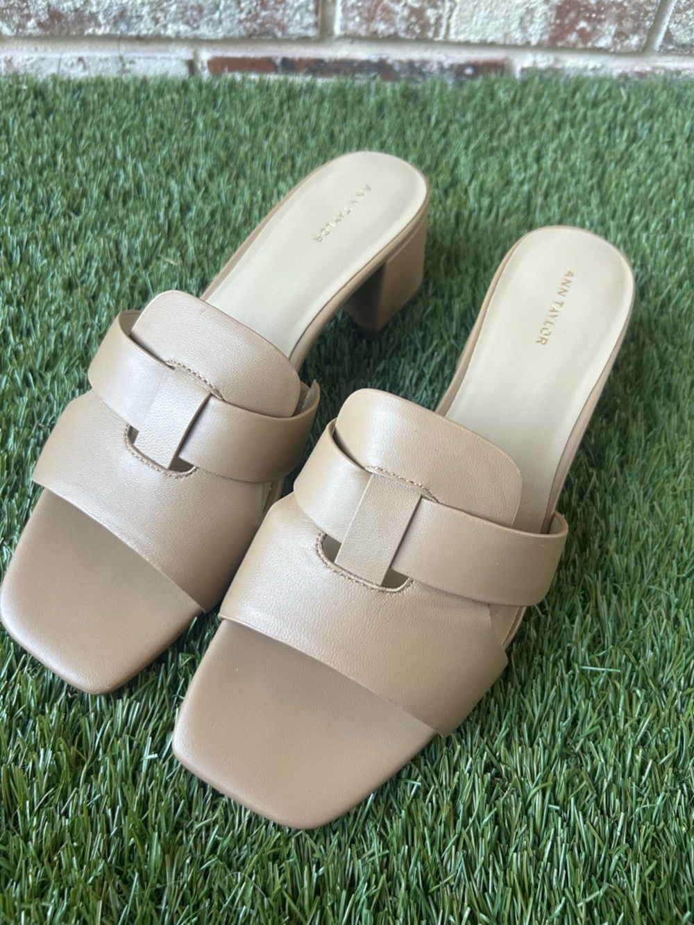 Ann Taylor Beige Slide Mules with Low Block Heel